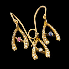 Load image into Gallery viewer, Antique 18ct Gold Diamond, Ruby, Sapphire &amp; Pearl Wishbone Pendant with Earrings
