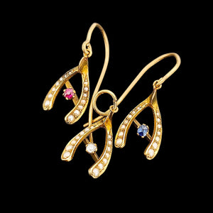 Antique 18ct Gold Diamond, Ruby, Sapphire & Pearl Wishbone Pendant with Earrings