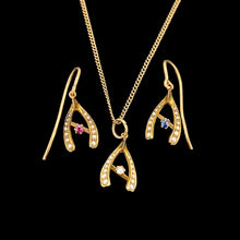 Load image into Gallery viewer, Antique 18ct Gold Diamond, Ruby, Sapphire &amp; Pearl Wishbone Pendant with Earrings with chain
