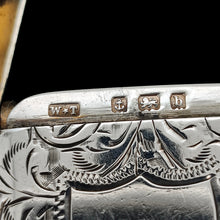 Load image into Gallery viewer, Close-up of a sterling silver Birmingham 1901 hallmark and WT maker's mark on the lip of a silver vesta case
