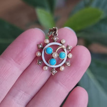 Load and play video in Gallery viewer, Victorian 15ct Gold Turquoise, Seed Pearl and Enamel Pendant
