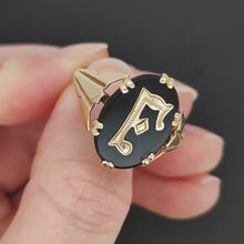 Load and play video in Gallery viewer, Vintage 9ct Yellow Gold Black Onyx Initial "F" Signet Ring
