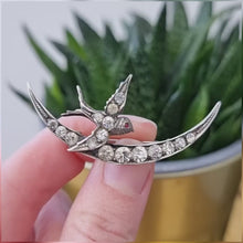 Load and play video in Gallery viewer, Victorian Sterling Silver &amp; Paste Swallow and Crescent Moon Brooch
