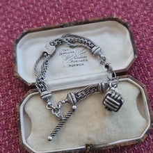 Load and play video in Gallery viewer, Victorian Silver Albertina Bracelet with T-Bar and Cube Charm
