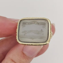 Load and play video in Gallery viewer, Victorian 15ct Gold Cased Chalcedony Fob Seal &quot;Yoicks Tally Ho&quot;
