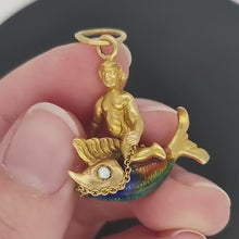 Load and play video in Gallery viewer, 18ct Yellow Gold Poseidon Riding Enamel Fish Charm Pendant
