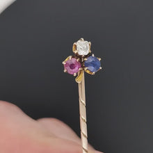 Load and play video in Gallery viewer, Antique Diamond, Ruby, Sapphire and Yellow Gold Clover Shamrock Stick Pin
