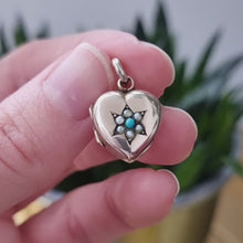 Load and play video in Gallery viewer, Antique 9ct Gold Turquoise and Seed Pearl Heart Locket video
