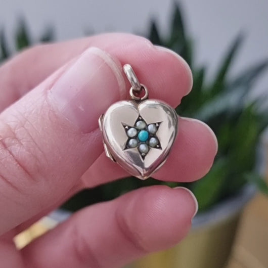 Antique 9ct Gold Turquoise and Seed Pearl Heart Locket video
