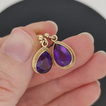 Load and play video in Gallery viewer, Vintage 9ct Yellow Gold Pear Shaped Amethyst Drop Earrings | Hallmarked 1987

