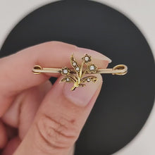 Load and play video in Gallery viewer, Antique 9ct and 14ct Yellow Gold Seed Pearl Flower Bar Brooch

