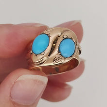 Load and play video in Gallery viewer, Edwardian 9ct Rose Gold Turquoise Double Snake Ring
