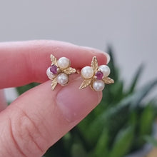 Load and play video in Gallery viewer, Vintage 9ct Gold Ruby and Pearl Floral Stud Earrings
