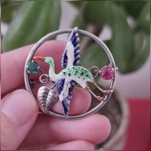 Load and play video in Gallery viewer, Art Deco Silver, Enamel &amp; Paste Crane Bird Brooch
