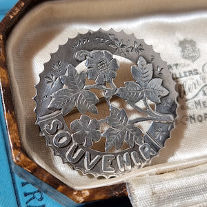 Antique Silver Souvenir Flower Brooch in box