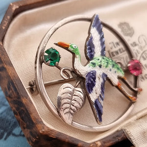 Art Deco Silver, Enamel & Paste Crane Bird Brooch detail