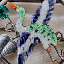 Load image into Gallery viewer, Art Deco Silver, Enamel &amp; Paste Crane Bird Brooch detail
