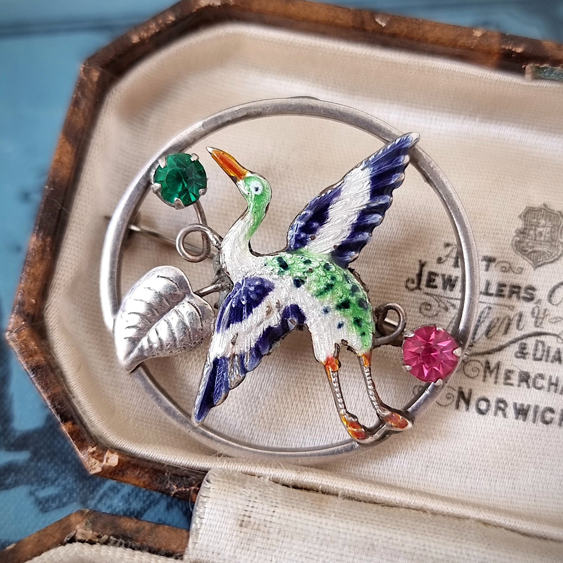 DESIGNER VINTAGE RHODIUM RHINESTONE BLUE FACETED GLASS CRANE