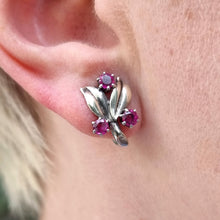 Load image into Gallery viewer, Vintage 9ct White Gold Ruby Screw-Back Earrings on ear
