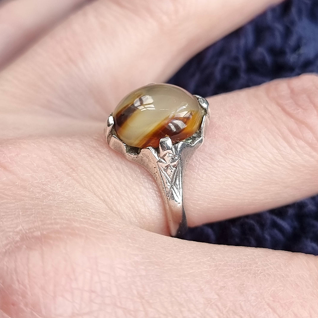 Antique Sterling Silver Agate Ring modelled
