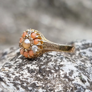 Victorian 15ct Gold Coral & White Sapphire Ring | Birmingham 1900 side