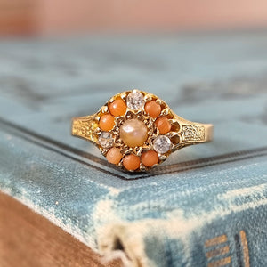 Victorian 15ct Gold Coral & White Sapphire Ring | Birmingham 1900 front