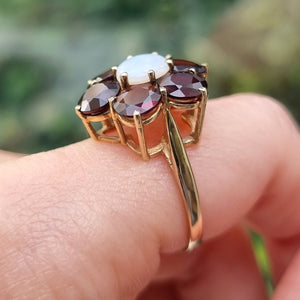 Vintage 9ct Gold Garnet & Opal Cluster Ring on finger