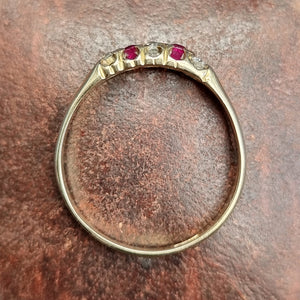 Antique 18ct Gold Ruby & Diamond Five Stone Ring top down view