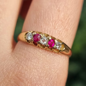 Antique 18ct Gold Ruby & Diamond Five Stone Ring on finger