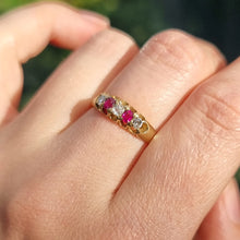 Load image into Gallery viewer, Antique 18ct Gold Ruby &amp; Diamond Five Stone Ring on finger
