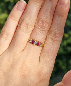 Antique 18ct Gold Ruby & Diamond Five Stone Ring on finger