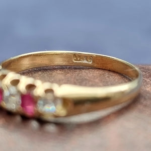 Antique 18ct Gold Ruby & Diamond Five Stone Ring stamp detail