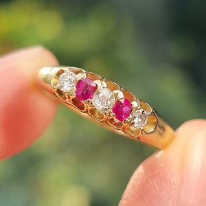 Antique 18ct Gold Ruby & Diamond Five Stone Ring in hand