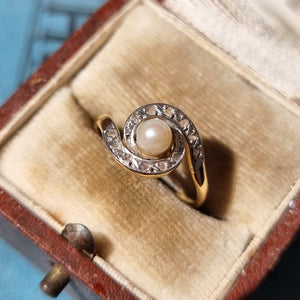 Antique Style 18ct Gold Pearl & Rose-Cut Diamond Swirl Ring in box