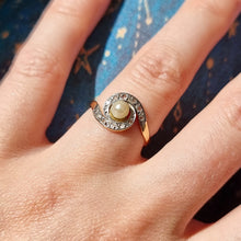 Load image into Gallery viewer, Antique Style 18ct Gold Pearl &amp; Rose-Cut Diamond Swirl Ring modelled
